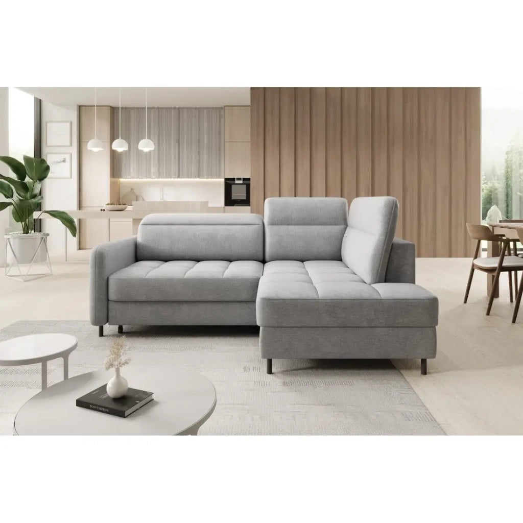Divano ad angolo destro convertibile BARNEA 208 cm grigio chiaro con vano portaoggetti