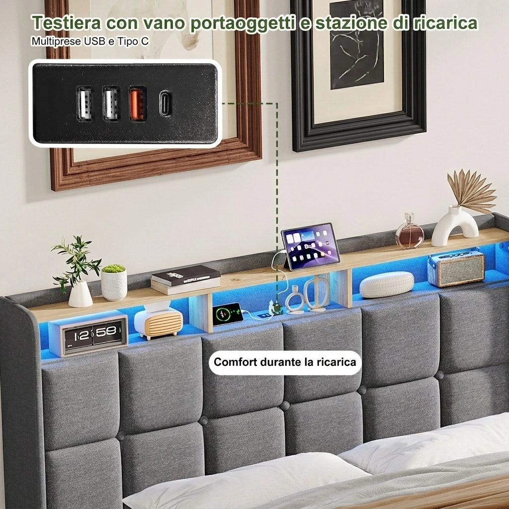 Letto una piazza e mezza 140x200 cm con contenitore LED USB testiera con mensola rete a doghe in lino - grigio