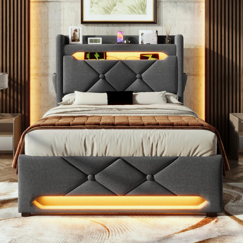 Letto singolo contenitore 90x200 cm con LED 360°; USB; USB-C; sollevamento idraulico e testiera portaoggetti; lino grigio