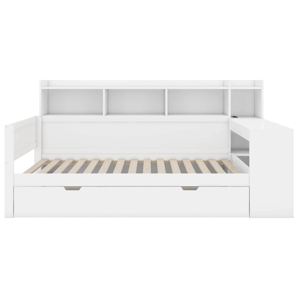 Letto singolo 90×200 cm con scrivania; 2 cassetti; prese USB e vano portaoggetti; senza materasso; bianco