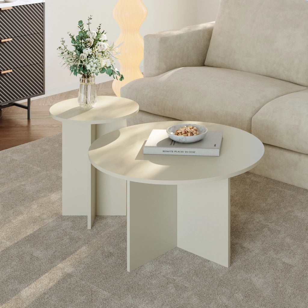 Set di 2 Tavolini Rotondi Verummetka con Basi Incrociate - color Avena Oatmeal [en.casa]