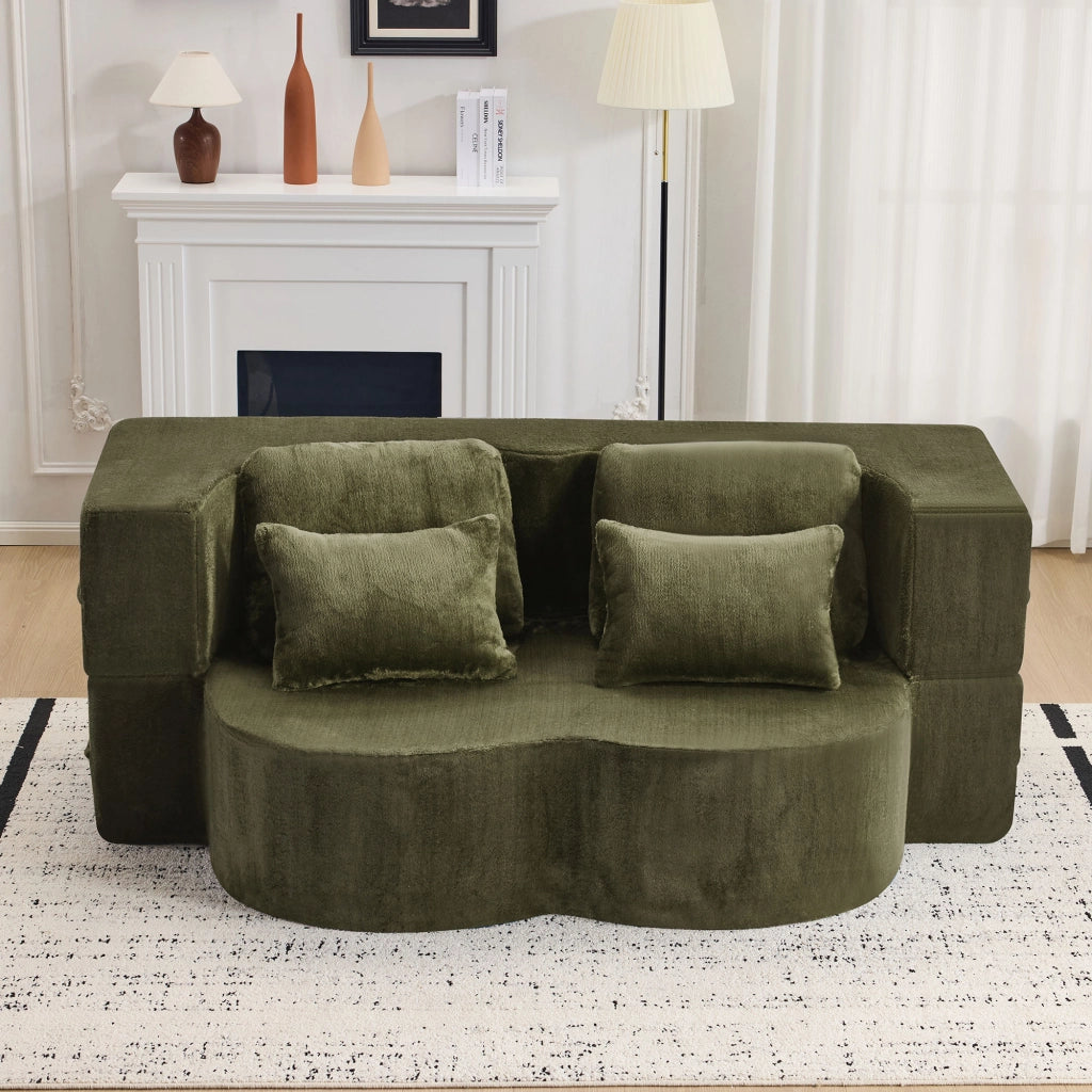 Divano letto modulare verde 2 in 1, 4 cuscini, tessuto peluche, schiuma e molle