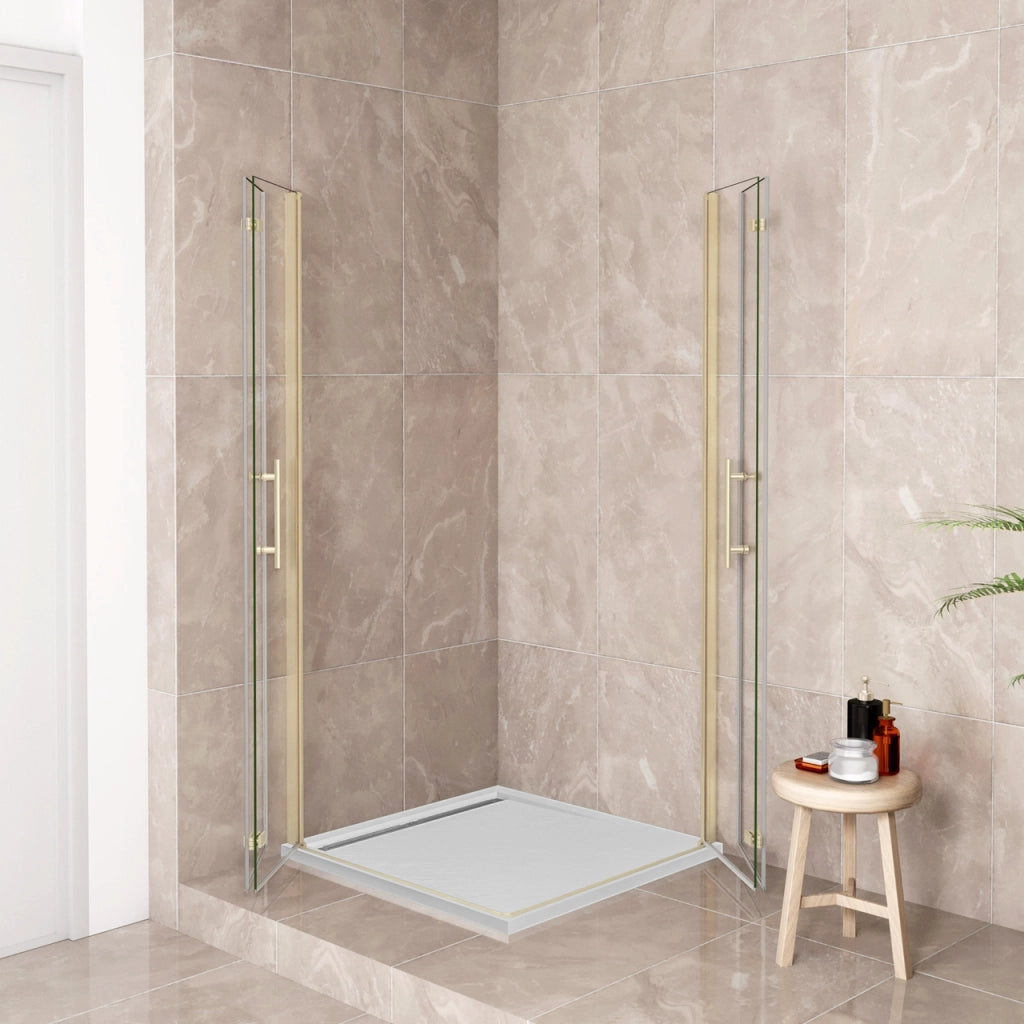 185 cm Box Doccia Angolare 76x76 cm Doppia Porta Battente Pieghevole Vetro Temperato Trasparente 6 mm Anticalcare Telaio Dorato Spazzolato