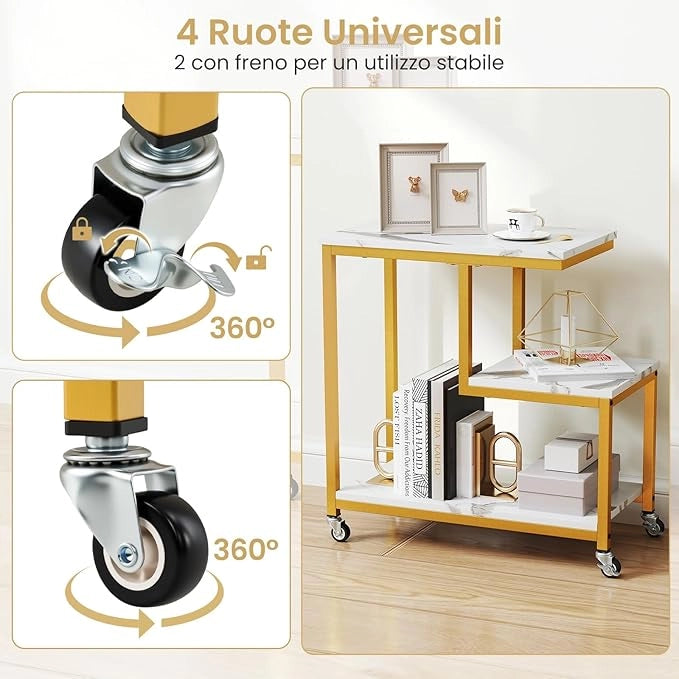 Tavolino a 3 Livelli, Tavolino Laterale a Forma di G con Ruote Bloccabili e Mensole Aperte, Tavolino Moderno da Salotto, Camera da Letto e Studio