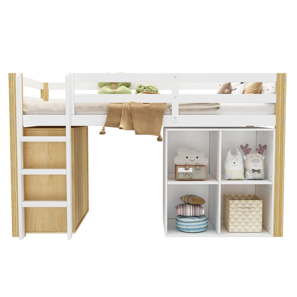 DESMIU Letto a Soppalco Singolo con 2 Armadi Contenitore e Scala, 90 × 200 cm, senza materasso, Naturale e Bianco