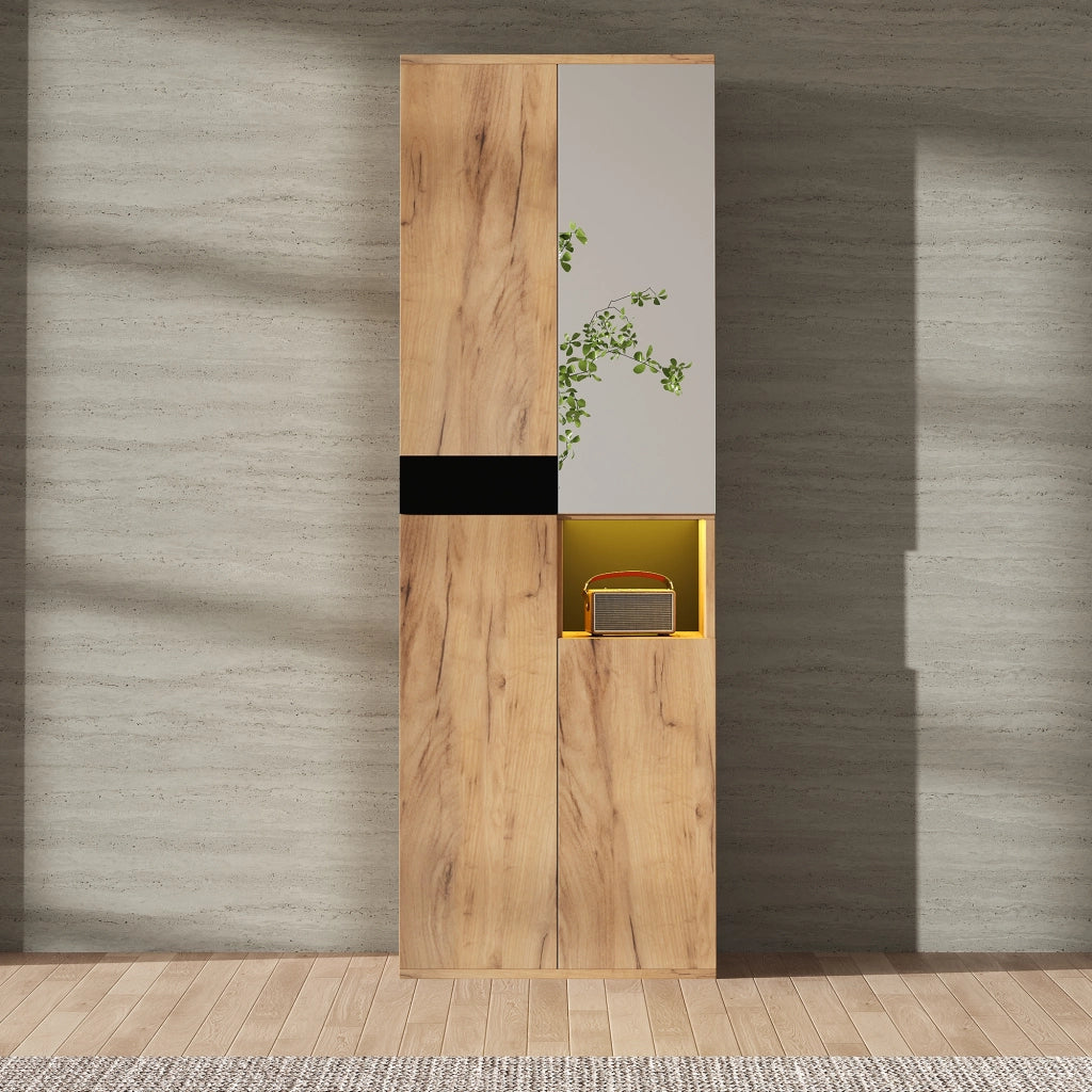 ARMADIO ALTO con specchio e 4 ante 65 x 35 x 190 cm Nero e Naturale