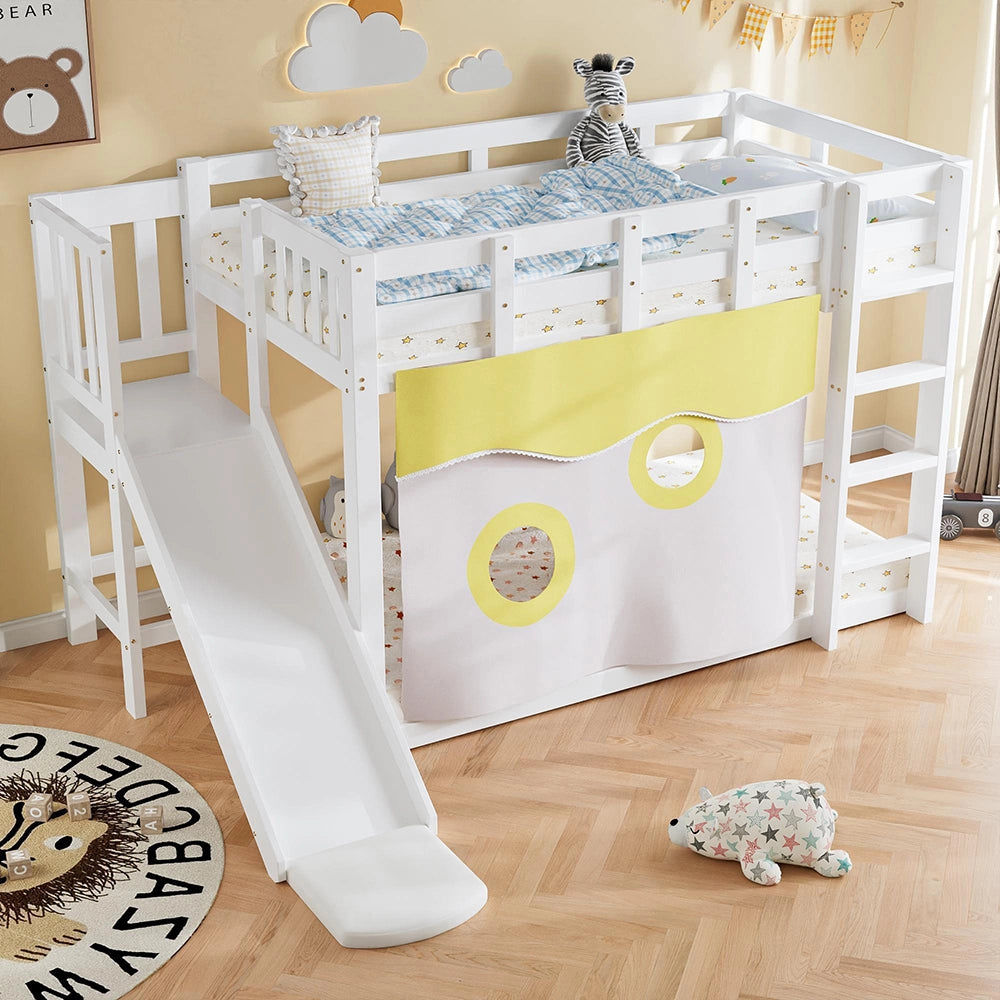 Letto a castello-Xylo-90x200cm scala barriere tenda scivolo pino+MDF