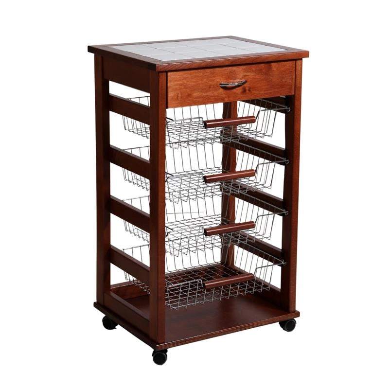 CARRELLO VESUVIO CON CASSETTO CILIEGIO INTERAMENTE IN FAGGIO E BASE INFERIORE IN BETULLA 1 CASSETTO PIANO MATTONELLE IN CERAMICA