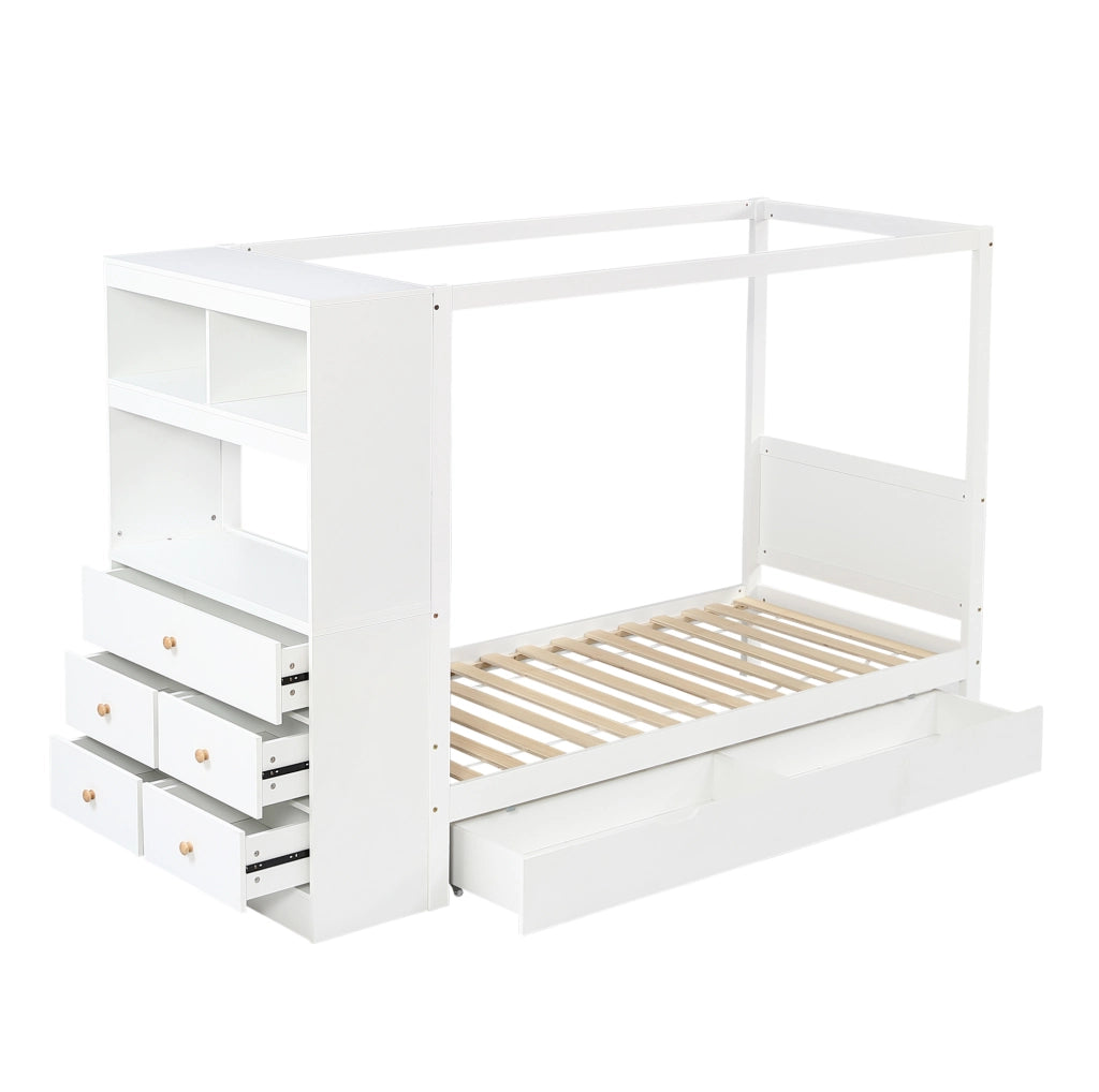 Letto singolo per bambini con sponda; armadio laterale e 5 cassetti; 90x200 cm; bianco