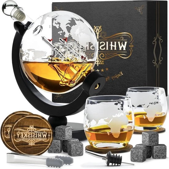 Set di decantatori di whiskey in vetro - Decantatore globale 900ml - Decantatore decorativo - Regalo di whiskey per uomo - Con 8 pietre di whiskey e 2 bicchieri 285ml