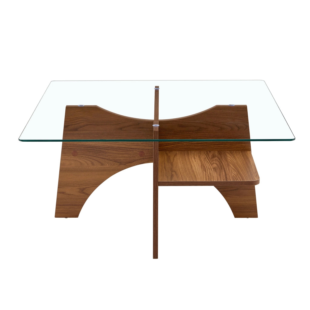 Tavolino quadrato in vetro di sicurezza 80 cm con struttura MDF effetto noce, portata 120 kg