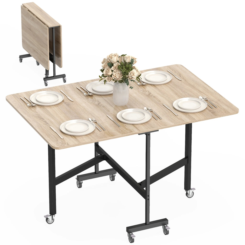 Tavolo Pieghevole per 4-6 Persone con 2 Ribalte e Ruote con Freno, 120x80x73 cm, Rovere