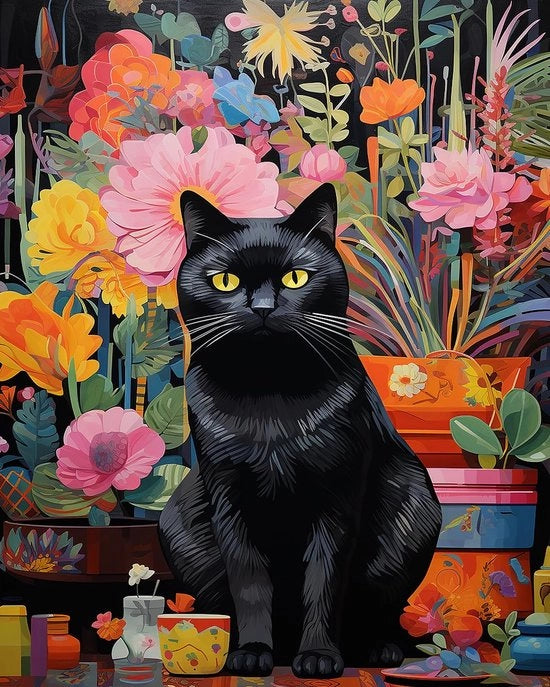 Disegno da Colorare - Gatto Nero Tra Fiori - 1 pezzo - 40 x 50 cm - Scheda da Colorare con Olio