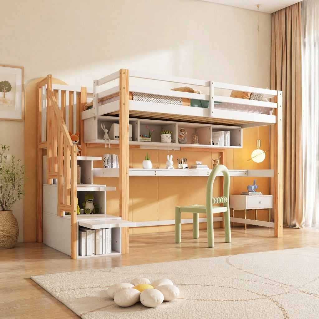 LETTO A SOPPALCO per bambini 90x200 cm con scrivania e scala contenitore bianco e rovere