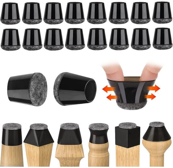 Protezioni per gambe di sedie 32 pezzi - Protezione per pavimento in silicone per sedie mobili - Con cuscini di velluto - Adatto per pavimenti in legno duro e in piastrelle - Silenzioso - 14-18mm - Nero