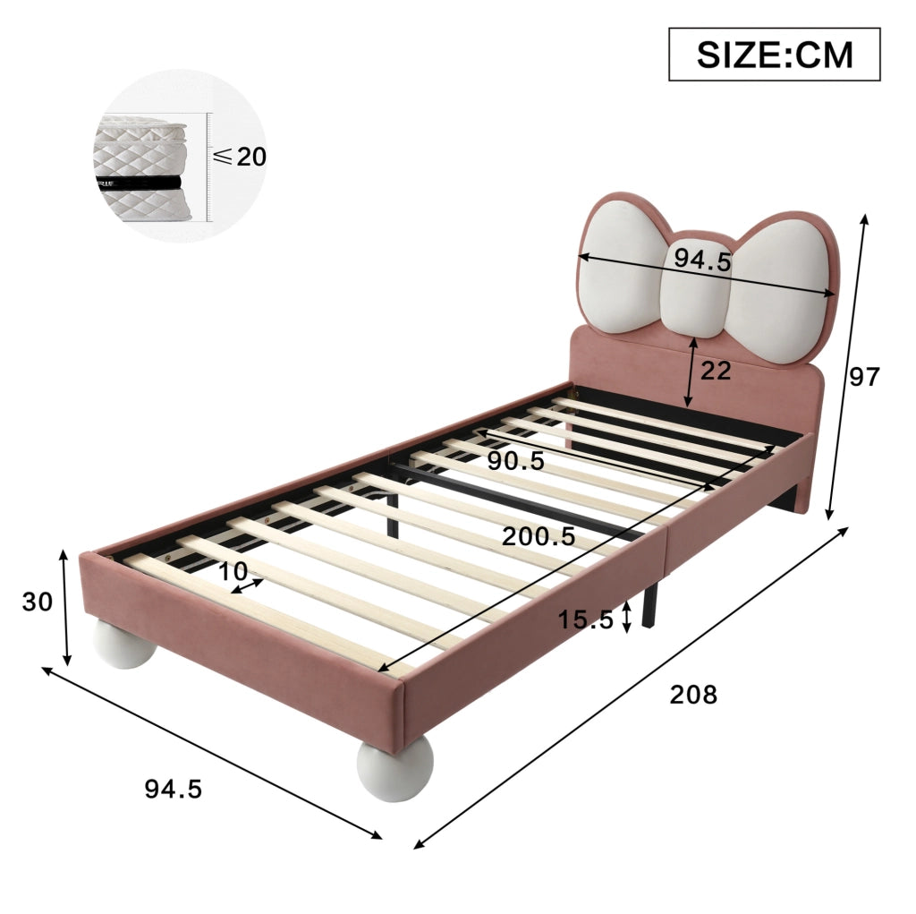 Letto singolo imbottito per bambini 90x200 cm con testiera a fiocco e luce LED