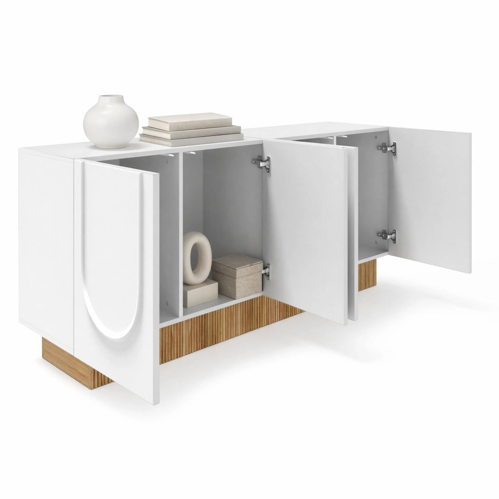 Sideboard moderno a 4 ante con struttura a rilievo U; 160x75x38 cm; bianco e legno