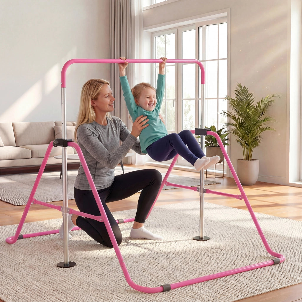 Barra ginnastica pieghevole per bambini con base antiscivolo e altezza regolabile, Barra orizzontale kip adatta per bambini da 3 a 12 anni Rosa