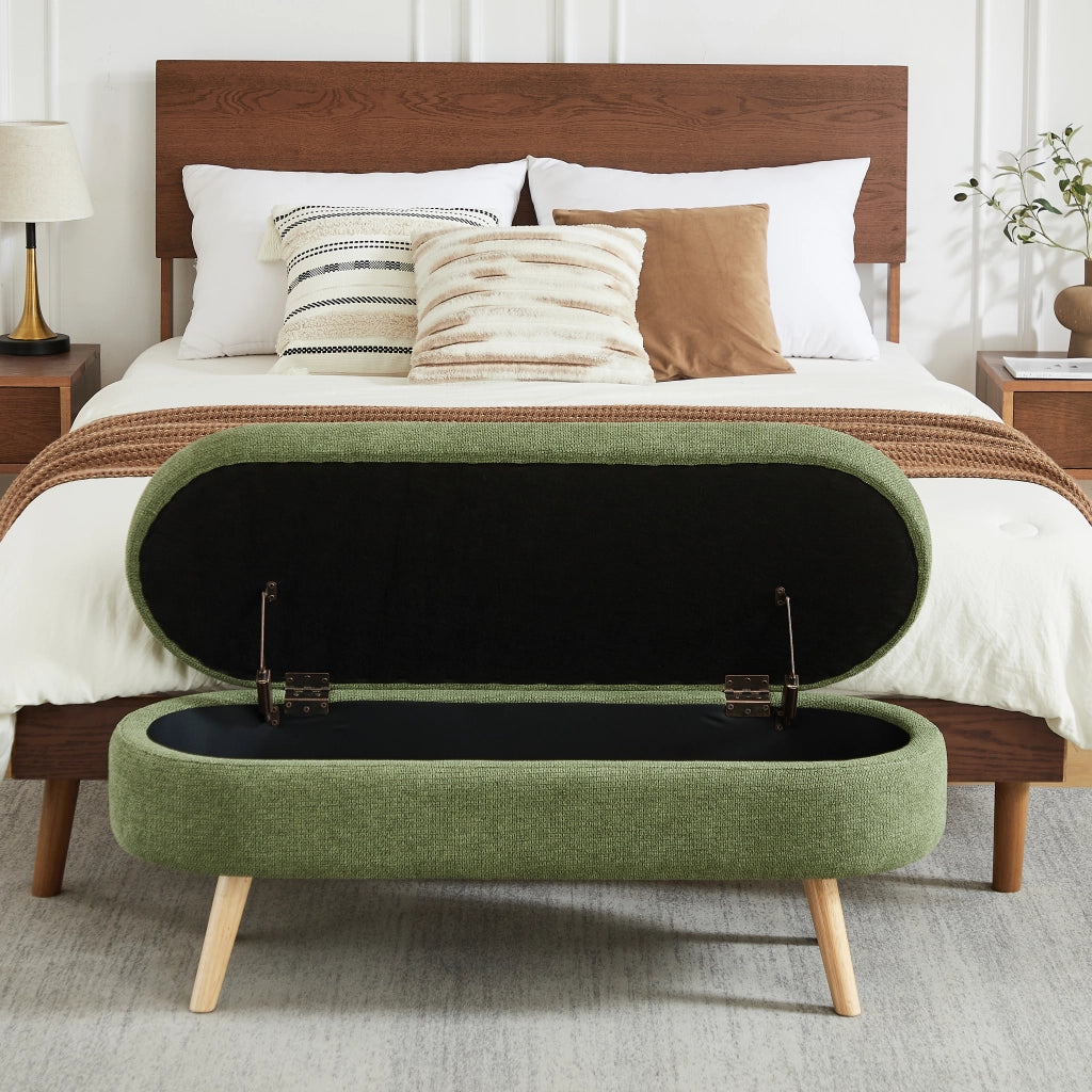 Panca contenitore 110 cm in chenille verde, struttura MDF robusta, con vano portaoggetti e fori di ventilazione