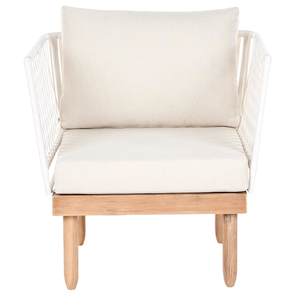 Set Lounge da Esterno in Legno di Acacia con Cuscini Bianchi, Poltrona in Rattan Sintetico e Tavolino 4 Posti Sinistro