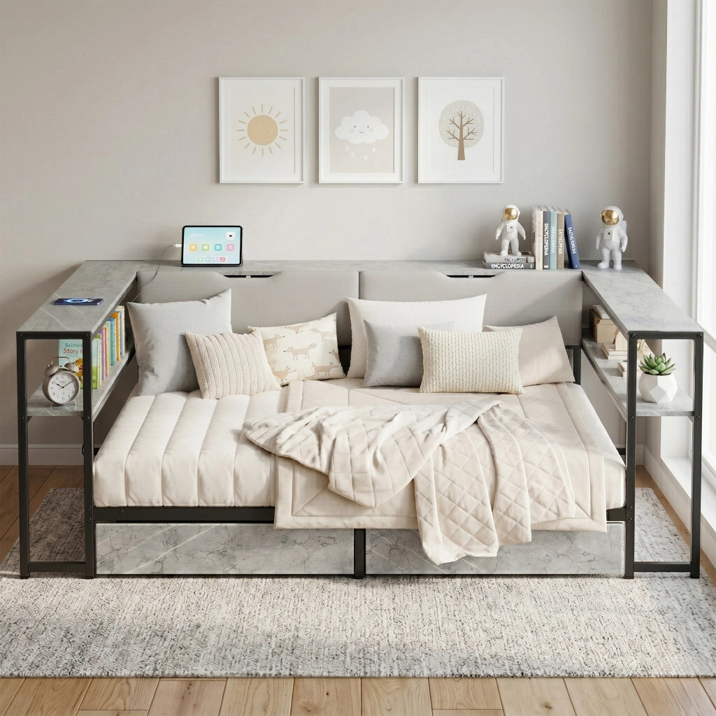 Letto con Cassetti 90x200 cm e 140x200 cm; USB e Type-C; in MDF e Metallo; Grigio