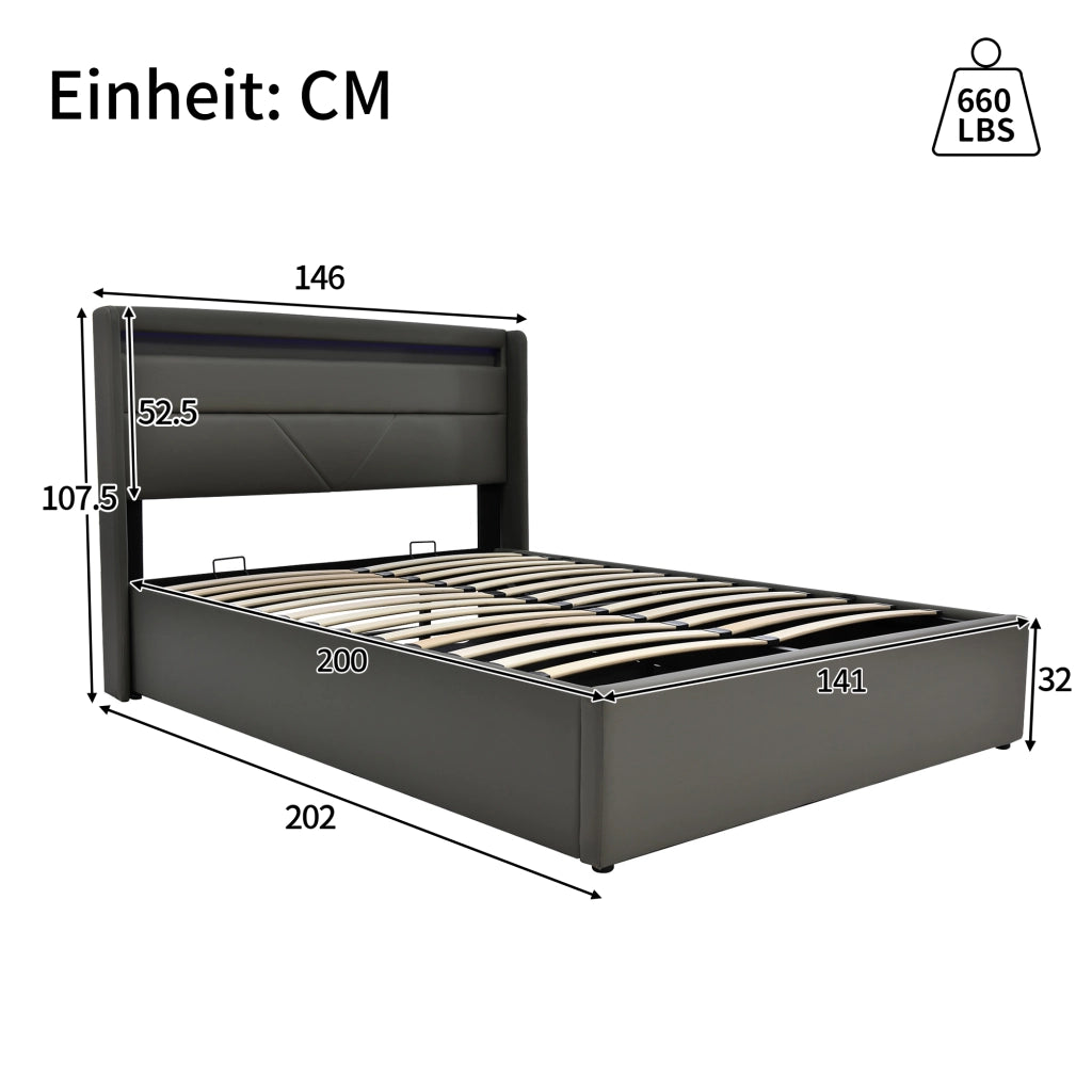 DESMIU Letto contenitore 140 × 200 cm 2 posti con LED regolabile e vano contenitore idraulico, senza materasso, in PU, grigio