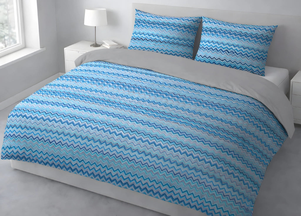 Copripiumino Sacco Piumone In 100% Cotone Disegno Rigato Zig Zag Baia - Matrimoniale - Azzurro