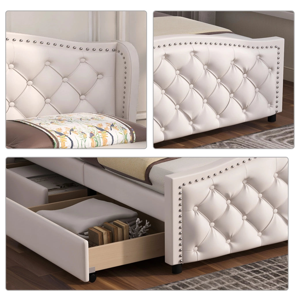 LETTO Imbottito 140x200 cm Bianco PU con rete a doghe e 2 cassetti