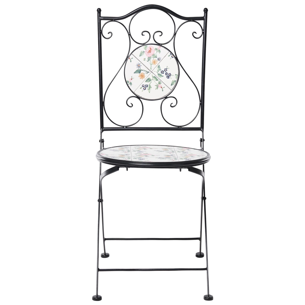 Set di 2 sedie da giardino in ferro nero con piastrelle rotonde in ceramica a mosaico stile ferro battuto pieghevoli
