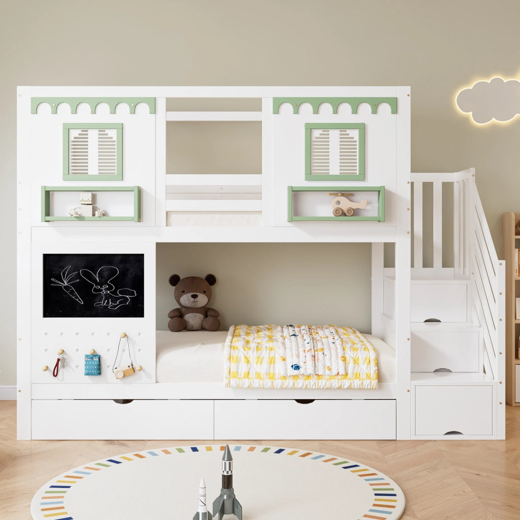 DESMIU Letto a castello bambino 90 × 200 cm con scala contenitore, 2 cassetti, senza materasso, in legno, bianco e verde