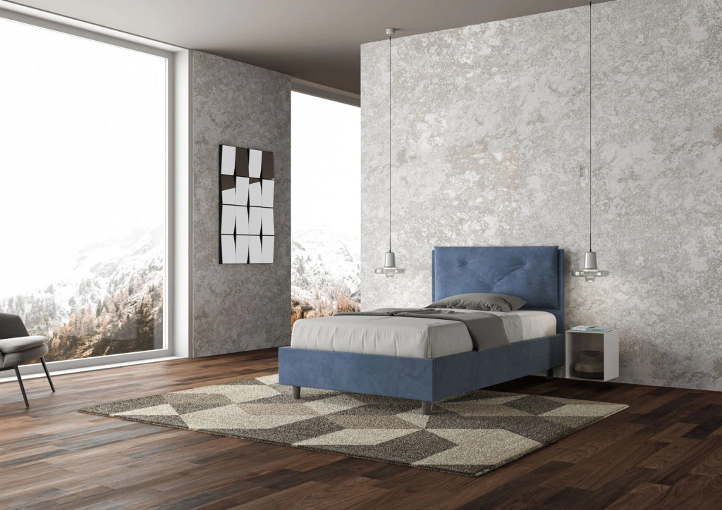 BS COM Letto una piazza e mezza con rete imbottito 110x210 microfibra blu