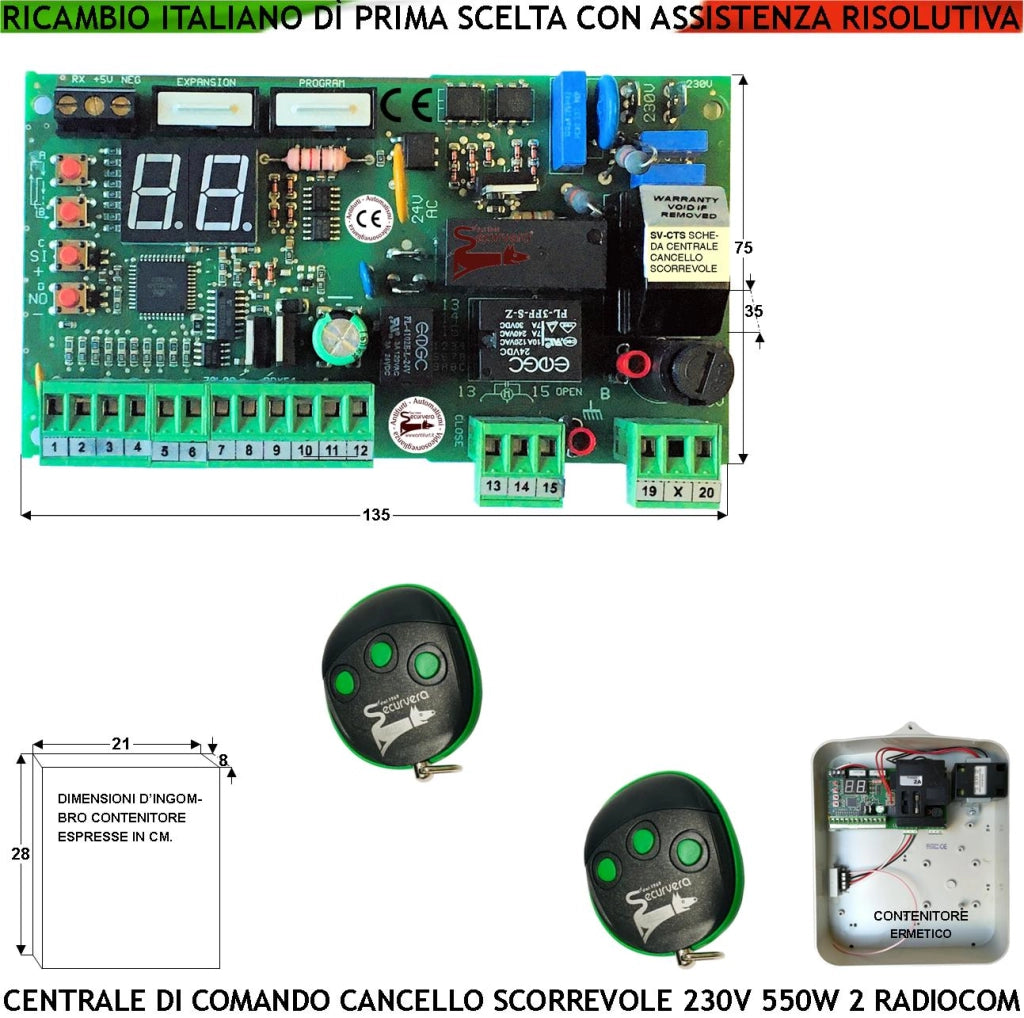 Centrale Cancello Scorrevole Universale Per Motore 230 V 2 Radiocomandi 99 Codici Stealth Funzioni Programmabili Display Forza Lavoro Rallentamenti Rileva Ostacolo Apertura Condominiale Pedonale IP55