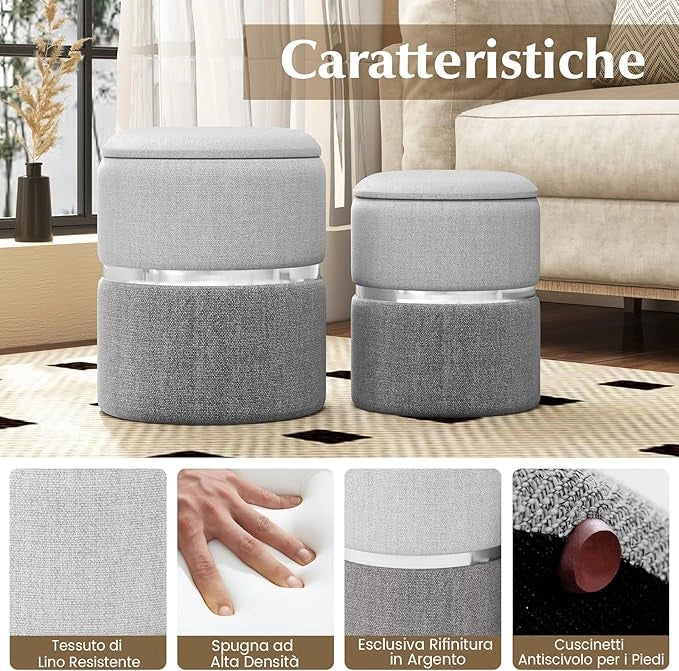 Set di 2 Pouf Contenitore in Velluto, Pouf Rotondi Imbottiti da 32L +21L, Sgabelli con Contenitore per Soggiorno, Camera da Letto, Portata 150 kg (Grigio)