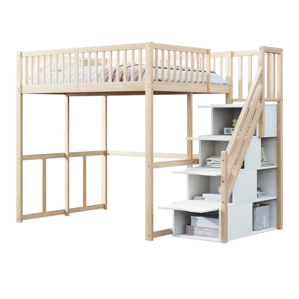 Letto a soppalco in pino massello con scala contenitore di sicurezza e recinzione; colore legno; 140x200 cm; senza materasso