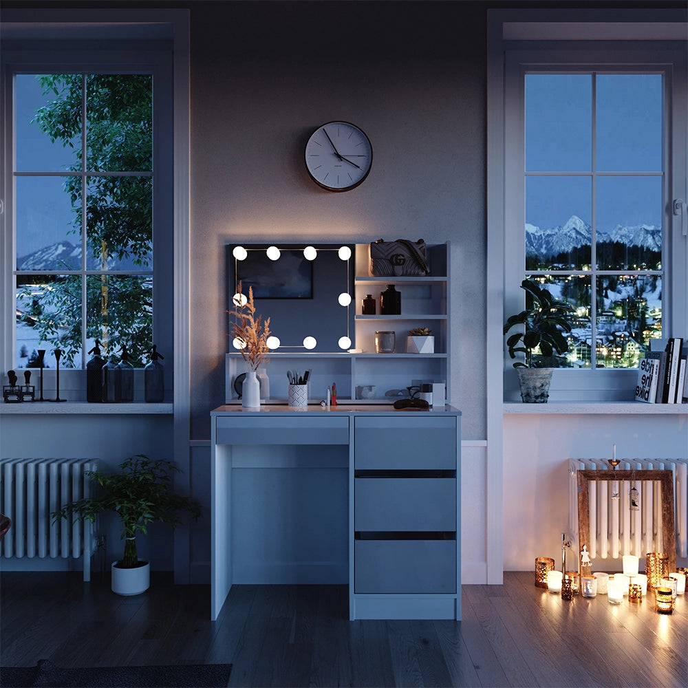 Vicco Tavolo da toeletta Bianco 90 cm con illuminazione a LED e ripiano a specchio
