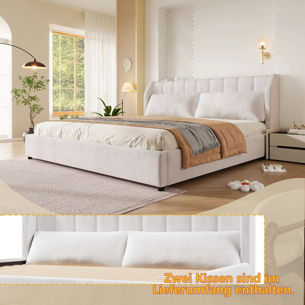 DESMIU Letto matrimoniale 180 × 200 cm 2 posti con testiera imbottita, 2 cuscini, senza materasso, beige