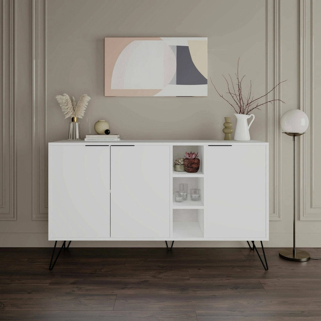 Credenza Alin, Buffet da soggiorno, Madia da salotto, Dispensa da cucina, 142x36h83 cm, Bianco