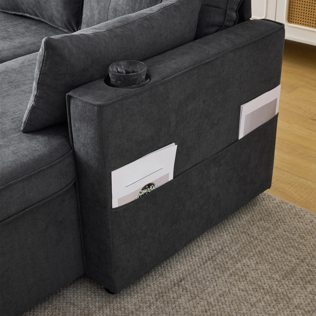 Divano Angolare Letto 3 Posti con Contenitore, Chaise Longue Reversibile, Tasche e Portabicchieri in Cotone Lino Grigio 211 × 130 × 86 cm
