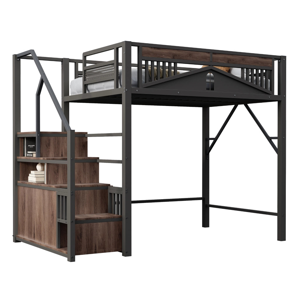 Letto a soppalco in metallo con scala contenitore; protezione a finestra e spazio sotto il letto; nero; 140x200 cm; senza materasso