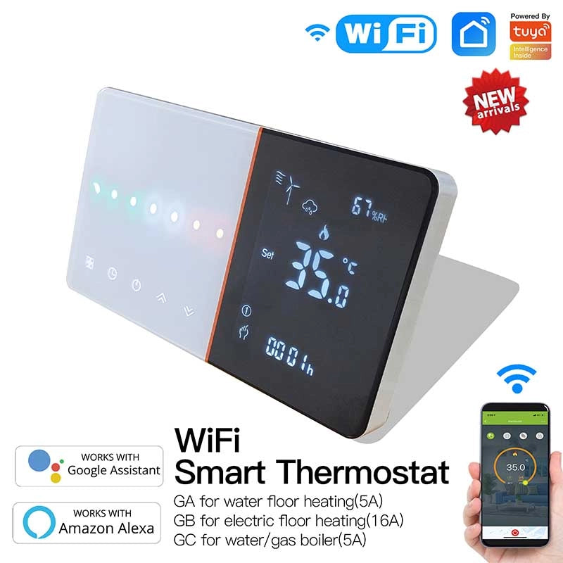 Termostato WIFI Con Meteo Protocollo WIFI 2.4G TUYA, Smart Life Rettangolare Compatibile Con Scatola 502 e 503 Riscaldamento Caldaia a Gas Bianco / Nero 5A 95-240V IP20