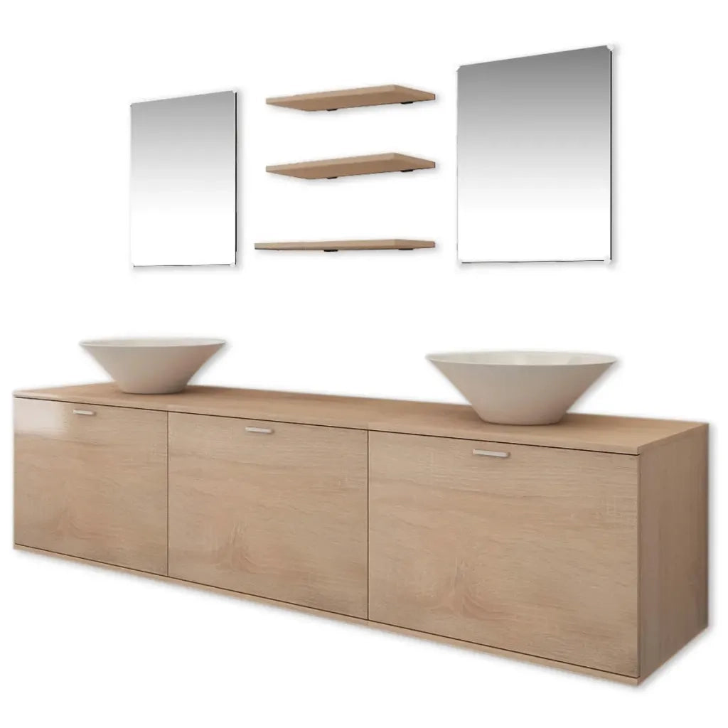 Set Mobili da Bagno 10 pz con Lavabo e Rubinetto Beige 273692