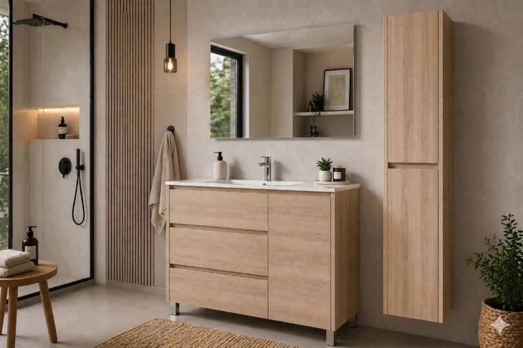 Mobile Bagno VOLUM Già Montato 3 cassetti e porta, lavabo e specchio Estepa 100x40 cm con colonna