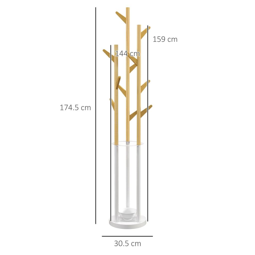 Appendiabiti da terra con portaombrelli e 12 ganci ¨C zephmum ¨C metallo bianco e bamb¨´ 90x30x180 cm