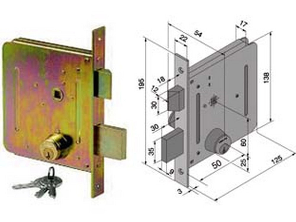 1pz serratura infilare cancelli 2 mandate scrocco cilindro fisso 050 mm.50 cod:ferx.fer259323