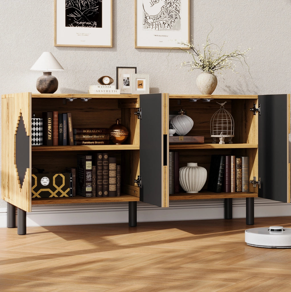Mobile contenitore con 4 ante push-open 140x40x70 cm in MDF e truciolare; naturale e nero