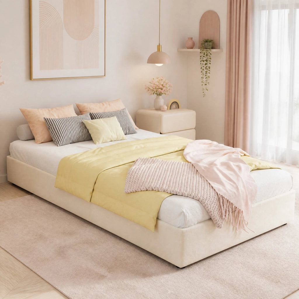 DESMIU Letto bambino 90 × 200 cm 1 posto con contenitore pneumatico e testiera fantasia, senza materasso, in tessuto e metallo beige