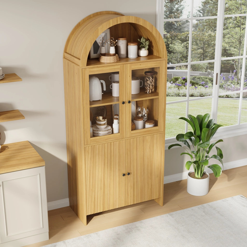 Credenza Alta con 2 Ante in Vetro e 2 Ante; Motivo Ondulato; Stile Moderno; in Pannelli; 78×40×176 cm; Naturale