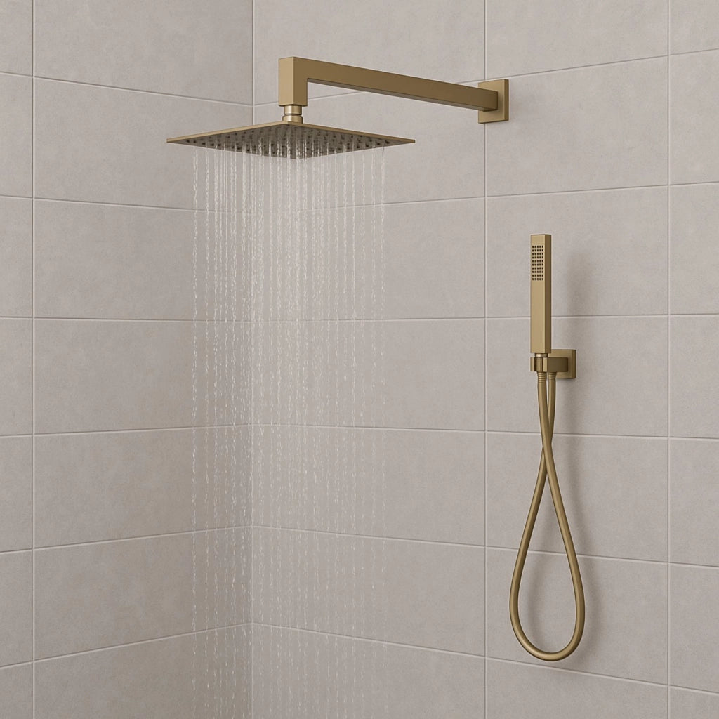 Set per doccia soffione quadro in acciaio inox 25x25 millimetri color oro *** finitura- oro matt satinato, confezione 1