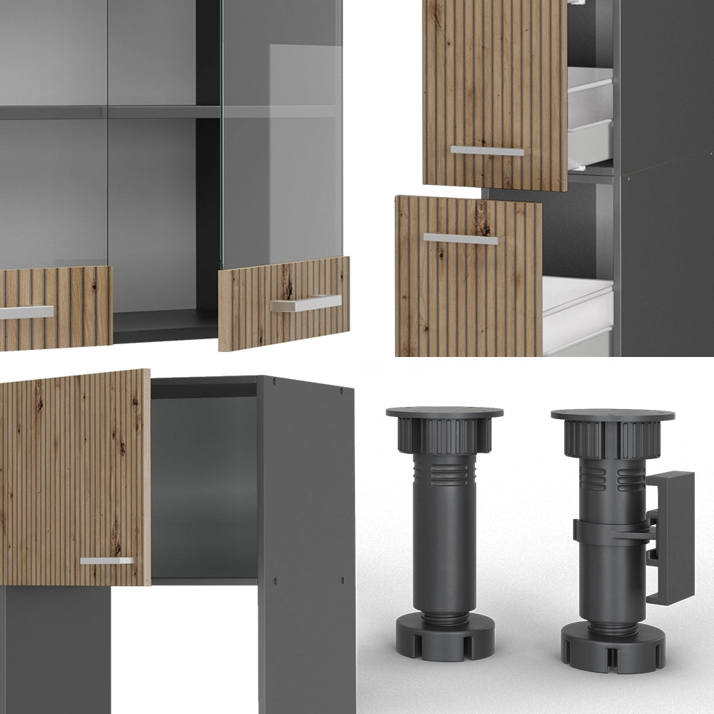 Vicco Cucina  Rovere artigianale/antracite 350 cm con armadio alto, PL Marmo