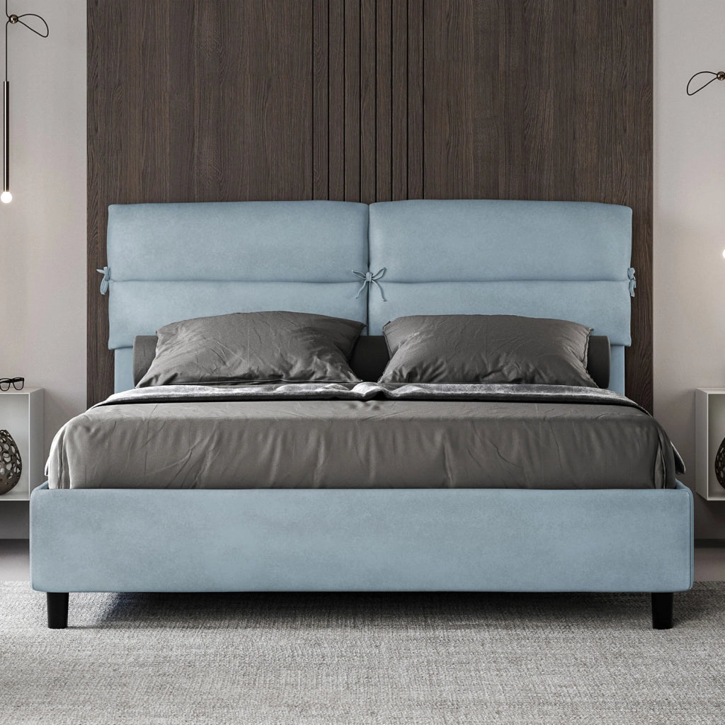 BS COM Letto matrimoniale con rete imbottito 160x200 microfibra azzurro